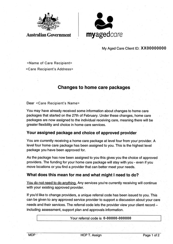 Changes to Home Care packages letter