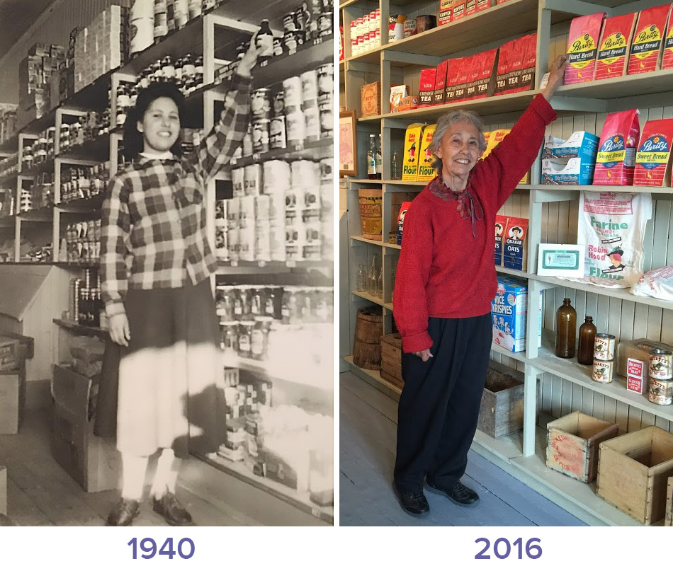 Ivy re-enacts a photo she took in the Hudson Bay store in 1940